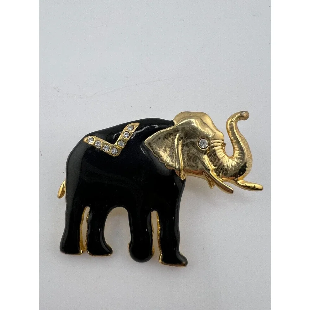 Vintage Jet Black Matte‎ Enamel Rhinestone & Gold Tone Metal Elephant Brooch 90s